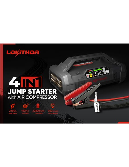 Išorinė baterija LOKITHOR 2500A 12V (su 150PSI oro kompresoriumi)