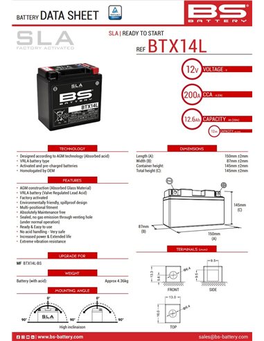 BTX14L SLA12V 12.6Ah akumuliatorius